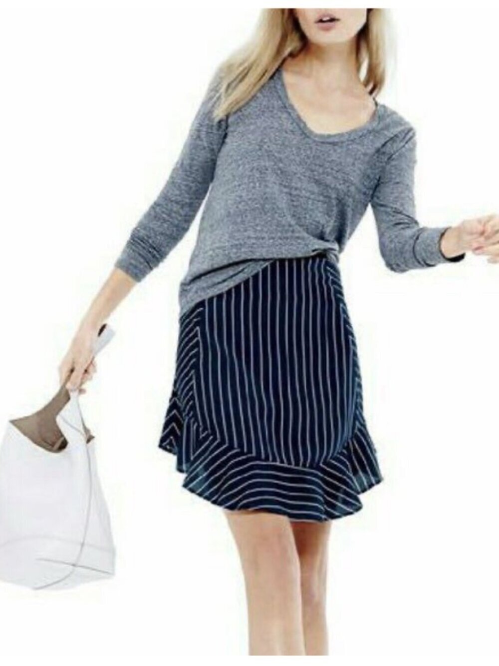2/$3 J. Crew Pinstriped Swing Skirt Flounce Hem Vintage Navy 4 #A3049